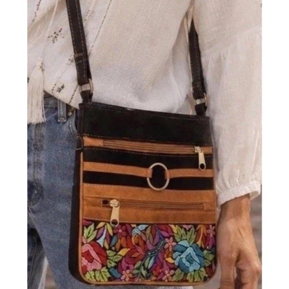 Multicolored Floral Suede Crossbody Purse Slim Embroidered Bag Handmade Artisan